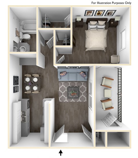 Floor plan for 1 bed, 1 bath, 555 sqft